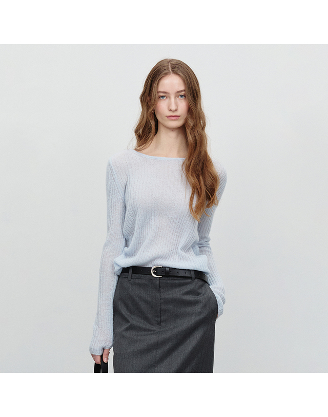 던스트 2-WAY SHIRRING KNIT TOP SOFT BLUE_UDSW6A204B1 블루 착용컷