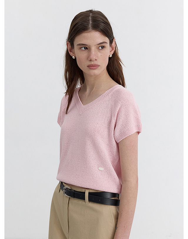 던스트 SUMMER LINEN V-NECK KNIT SOFT PINK_UDSW5B233P1 핑크 착용컷