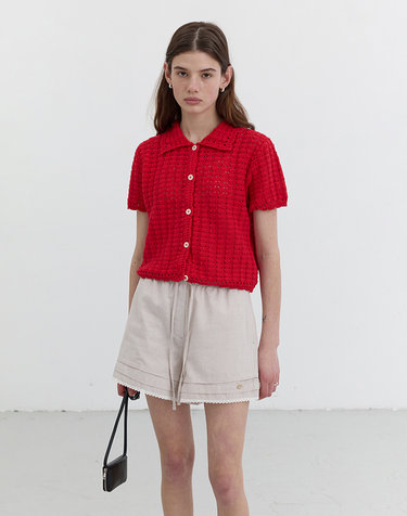 UNISEX OPEN COLLAR CROCHET CARDIGAN RED_UDSW5B123R2