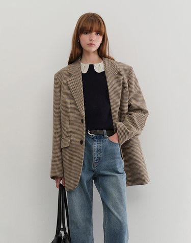 UNISEX VINTAGE TAILORED WOOL BLAZER BEIGE CHECK_UDJA5C101I2