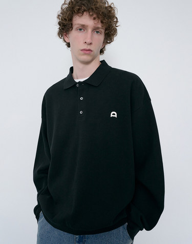 UNISEX LEATHER LOGO COLLARED T-SHIRT BLACK_M_UDTS6C110BK