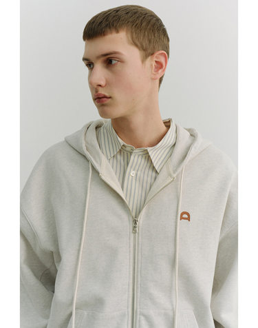 UNISEX LEATHER LOGO ZIP-UP HOODIE OATMEAL MELANGE_M_UDTS6A108I1