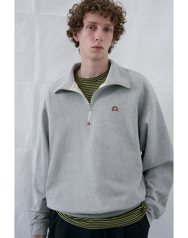 UNISEX LEATHER LOGO HALF ZIP-UP SWEATSHIRT MELANGE GREY_M_UDTS6C107G2