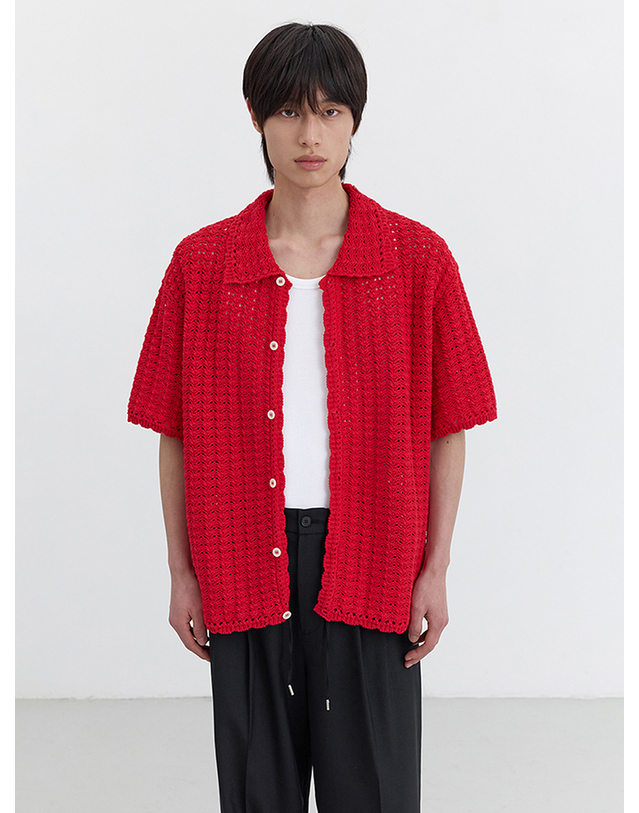 던스트 UNISEX OPEN COLLAR CROCHET CARDIGAN RED_M_UDSW5B123R2 레드 착용컷