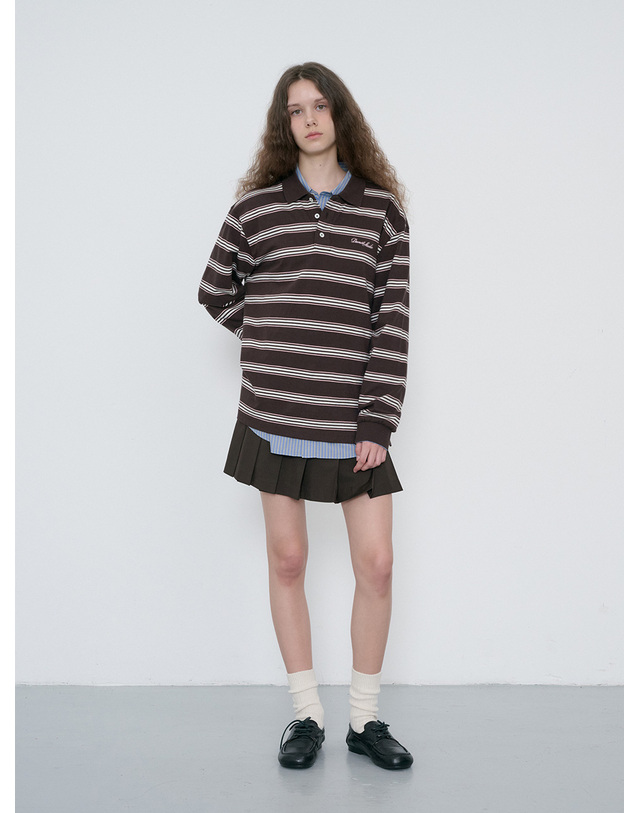 던스트 UNISEX MULTI STRIPE COLLARED T-SHIRT BROWN STRIPE_UDTS6C119W2 브라운 착용컷