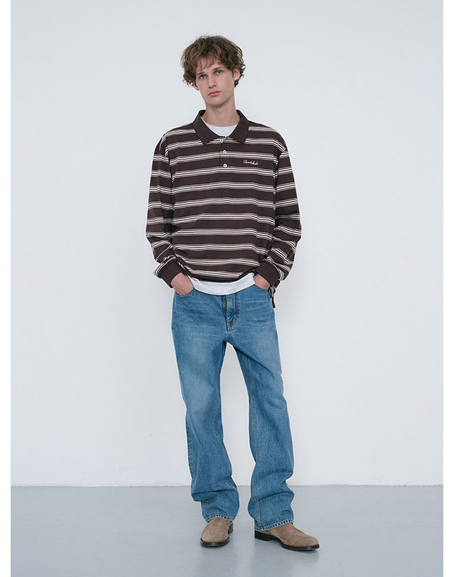 던스트 UNISEX MULTI STRIPE COLLARED T-SHIRT BROWN STRIPE_M_UDTS6C119W2 브라운 착용컷