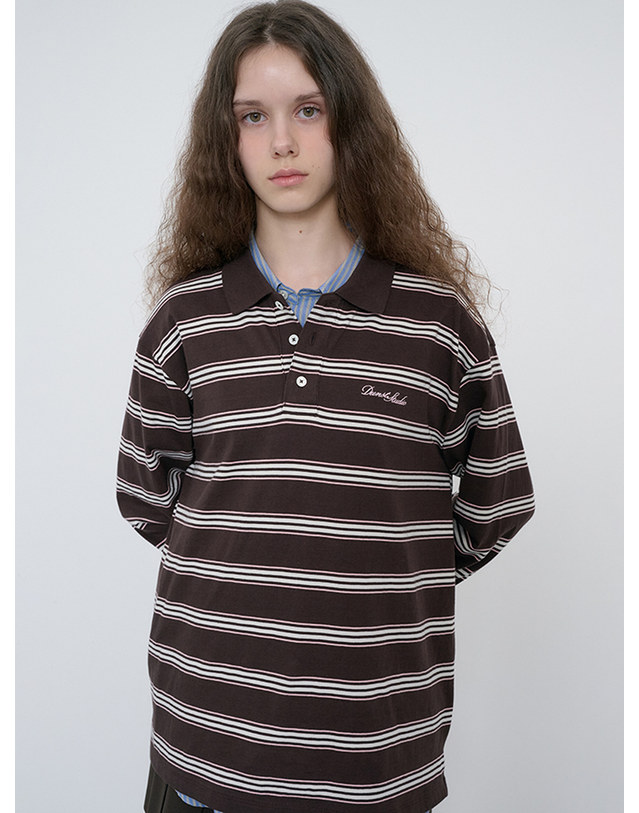 던스트 UNISEX MULTI STRIPE COLLARED T-SHIRT BROWN STRIPE_M_UDTS6C119W2 브라운 착용컷