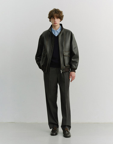UNISEX STAND COLLARED LEATHER BLOUSON BRUSHED BLACK_M_UDJU6A104BK