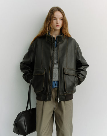 UNISEX STAND COLLARED LEATHER BLOUSON BRUSHED BLACK_UDJU6A104BK
