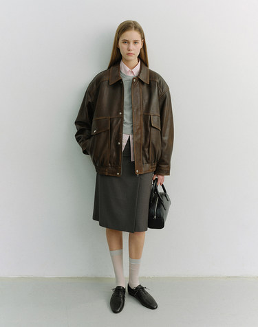 UNISEX OVERSIZED VINTAGE LEATHER BLOUSON BRUSHED BROWN_UDJU6A103W2