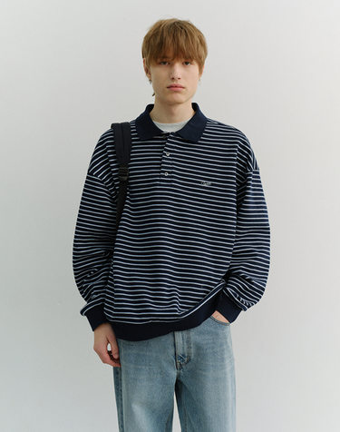 UNISEX STRIPED LOGO COLLARED T-SHIRT NAVY_M_UDTS6A120N2