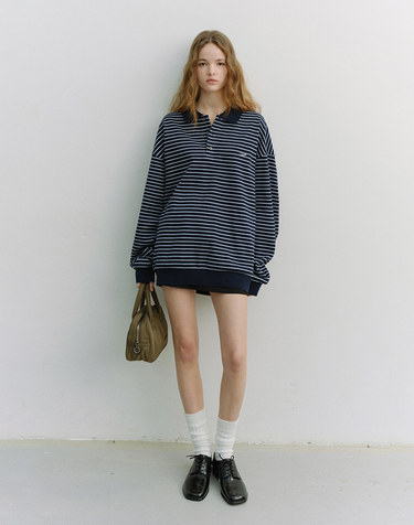 UNISEX STRIPED LOGO COLLARED T-SHIRT NAVY_UDTS6A120N2