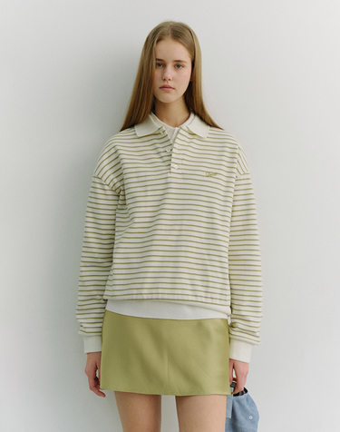 UNISEX STRIPED LOGO COLLARED T-SHIRT OLIVE STRIPE_UDTS6A120K1