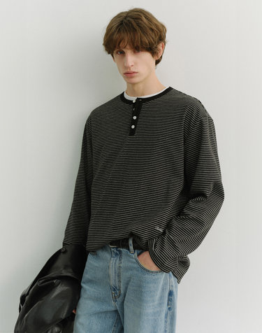 UNISEX HENLEY-NECK T-SHIRT BLACK STRIPE_M_UDTS6A109G3