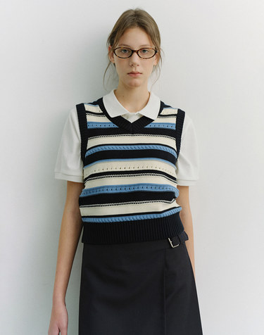 UNISEX CRAFTED STRIPED KNIT VEST NAVY CREAM_UDSW6B123N2