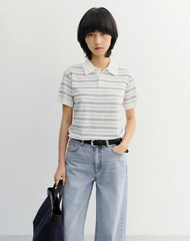 UNISEX STRIPED POLO KNIT WHITE SOFT BLUE_UDSW6B127IV