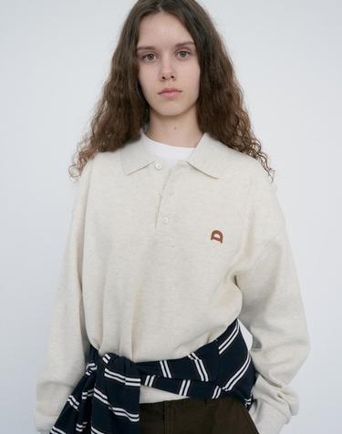 UNISEX LEATHER LOGO COLLARED T-SHIRT OATMEAL MELANGE_UDTS6C110I1