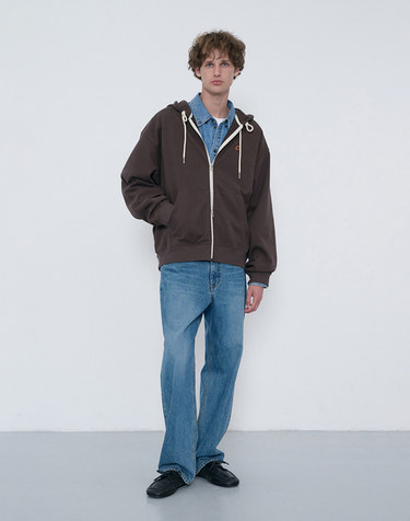 UNISEX LEATHER LOGO ZIP-UP HOODIE BROWN_M_UDTS6C108W2