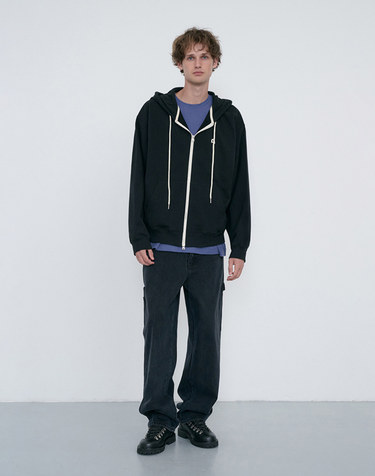 UNISEX LEATHER LOGO ZIP-UP HOODIE BLACK_M_UDTS6C108BK