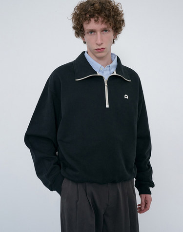 UNISEX LEATHER LOGO HALF ZIP-UP SWEATSHIRT BLACK_M_UDTS6C107BK