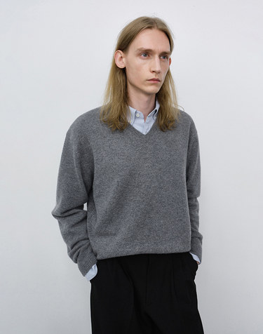 UNISEX CASHMERE V-NECK SWEATER MELANGE GREY_M_UDSW6C111G2