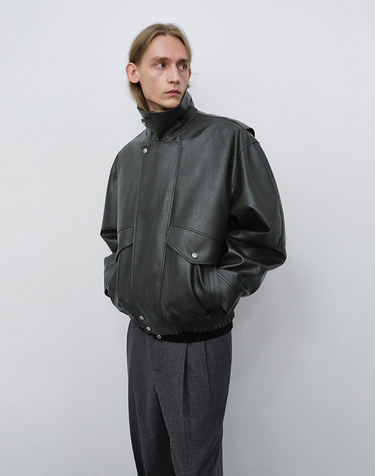 UNISEX CROPPED LEATHER BLOUSON GREYISH KHAKI_M_UDJU6C108K3