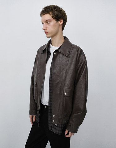 UNISEX LEATHER ZIP-UP BLOUSON DARK BROWN_M_UDJU6C105W2