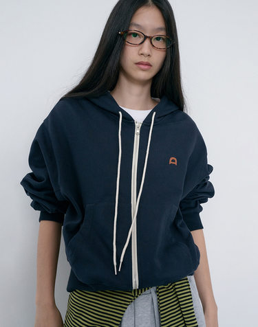 UNISEX LEATHER LOGO ZIP-UP HOODIE FRENCH NAVY_UDTS6C108N2