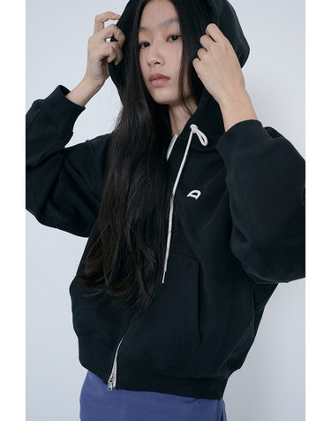 UNISEX LEATHER LOGO ZIP-UP HOODIE BLACK_UDTS6C108BK