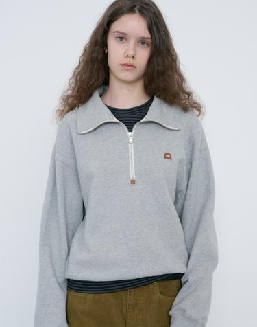 UNISEX LEATHER LOGO HALF ZIP-UP SWEATSHIRT MELANGE GREY_UDTS6C107G2