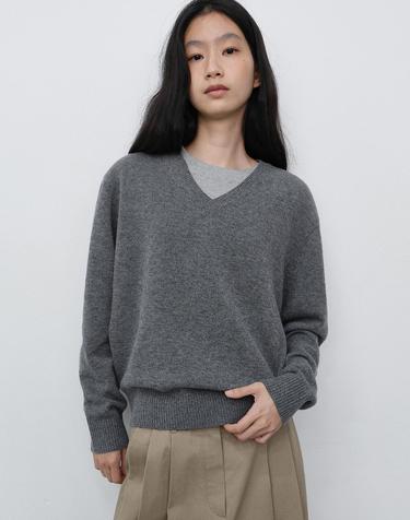 UNISEX CASHMERE V-NECK SWEATER MELANGE GREY_UDSW6C111G2