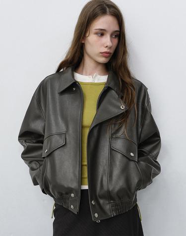 UNISEX CROPPED LEATHER BLOUSON GREYISH KHAKI_UDJU6C108K3