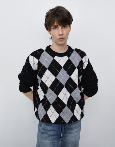UNISEX ARGYLE CREWNECK SWEATER BLACK_M_UDSW6C116BK