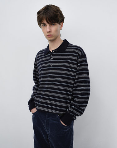 UNISEX COLLARED STRIPED SWEATER NAVY_M_UDSW6C115N2