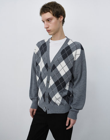 UNISEX V-NECK ARGYLE CARDIGAN GREY_M_UDSW6C105G2