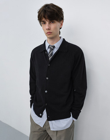 UNISEX COLLARED KNIT CARDIGAN BLACK_M_UDSW6C102BK