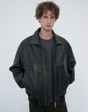 UNISEX STAND COLLARED LEATHER BLOUSON BRUSHED BROWN_M_UDJU6C103W2