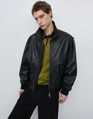 UNISEX STAND COLLARED LEATHER BLOUSON BLACK_M_UDJU6C103BK
