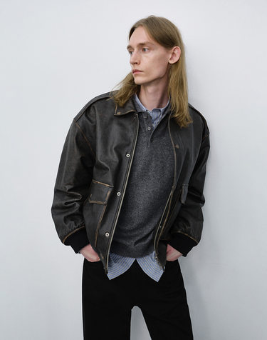 UNISEX DETACHABLE A-2 LEATHER BLOUSON BRUSHED BLACK_M_UDJU6C102G3