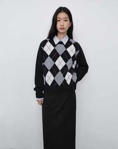 UNISEX ARGYLE CREWNECK SWEATER BLACK_UDSW6C116BK