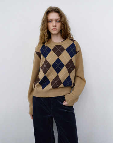 UNISEX ARGYLE CREWNECK SWEATER CAMEL BEIGE_UDSW6C116I2