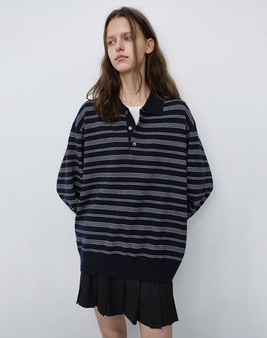 UNISEX COLLARED STRIPED SWEATER NAVY_UDSW6C115N2