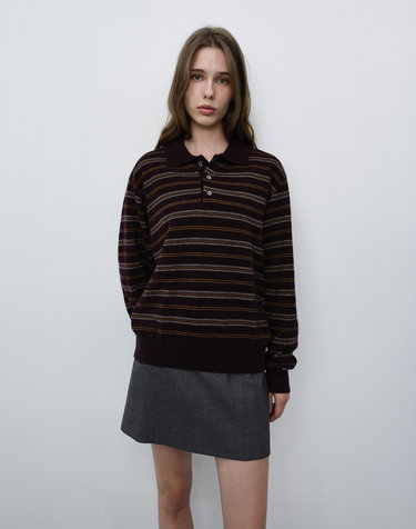UNISEX COLLARED STRIPED SWEATER BROWN_UDSW6C115W2