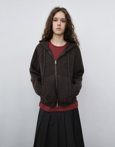 UNISEX HOODED KNIT CARDIGAN BROWN_UDSW6C104W2