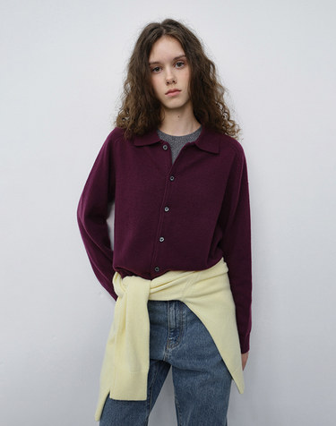 UNISEX COLLARED KNIT CARDIGAN PLUM PURPLE_UDSW6C102U2