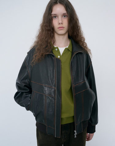 UNISEX STAND COLLARED LEATHER BLOUSON BRUSHED BROWN_UDJU6C103W2