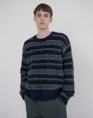 UNISEX STRIPED HAIRY SWEATER NAVY GREY_M_UDSW6D139N2