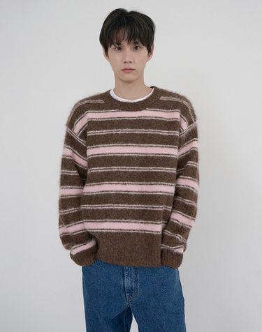UNISEX STRIPED HAIRY SWEATER BROWN PINK_M_UDSW6D139W2