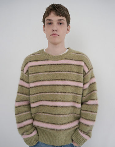 UNISEX STRIPED HAIRY SWEATER OLIVE PINK_M_UDSW6D139E1