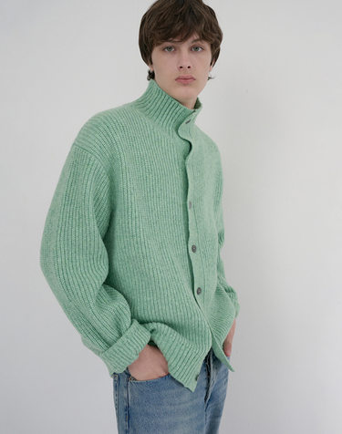 UNISEX HIGH NECK BUTTON CARDIGAN SOFT GREEN_M_UDSW6D122E1